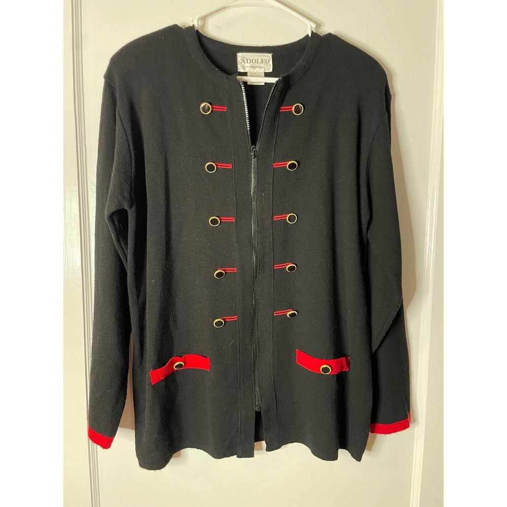 Adolfo Collectibles Vintage Cardigan Black Gold Buttons Red Trim Womens medium